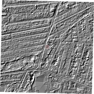 Shaded relief map of the ground around HU53QA, computed from Environment Agency LiDAR. The ground here sits at about 2 m above sea level and falls 3 m across the surrounding 800 m. Surface water reaching this point runs off ground lying to the south-south-west, 0.8 m higher.