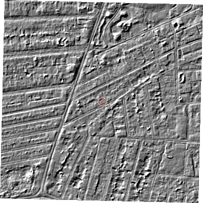 Shaded relief map of the ground around HU53QE, computed from Environment Agency LiDAR. The ground here sits at about 2 m above sea level and falls 2 m across the surrounding 800 m. Surface water reaching this point runs off ground lying to the south-south-west, 1.5 m higher.