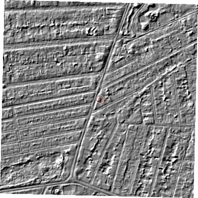Shaded relief map of the ground around HU53QG, computed from Environment Agency LiDAR. The ground here sits at about 2 m above sea level and falls 2 m across the surrounding 800 m. Surface water reaching this point runs off ground lying to the south-south-west, 1.1 m higher.