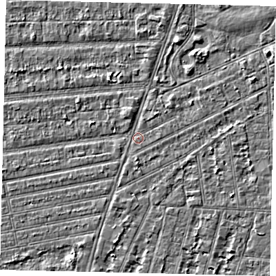 Shaded relief map of the ground around HU53QJ, computed from Environment Agency LiDAR. The ground here sits at about 2 m above sea level and falls 2 m across the surrounding 800 m. Surface water reaching this point runs off ground lying to the north-north-west, 1.4 m higher.