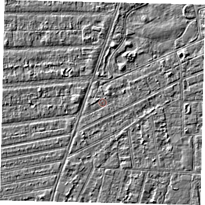 Shaded relief map of the ground around HU53QN, computed from Environment Agency LiDAR. The ground here sits at about 2 m above sea level and falls 2 m across the surrounding 800 m. Surface water reaching this point runs off ground lying to the west-north-west, 1.4 m higher.