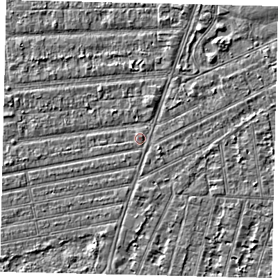 Shaded relief map of the ground around HU53QP, computed from Environment Agency LiDAR. The ground here sits at about 2 m above sea level and falls 2 m across the surrounding 800 m. Surface water reaching this point runs off ground lying to the north-east, 0.7 m higher.