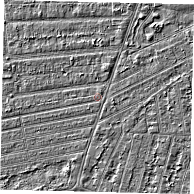 Shaded relief map of the ground around HU53QR, computed from Environment Agency LiDAR. The ground here sits at about 2 m above sea level and falls 2 m across the surrounding 800 m. Surface water reaching this point runs off ground lying to the south-west, 0.7 m higher.