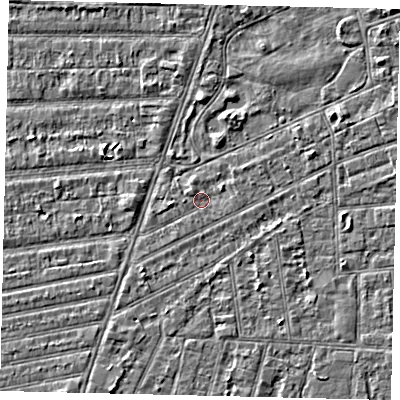 Shaded relief map of the ground around HU53QW, computed from Environment Agency LiDAR. The ground here sits at about 2 m above sea level and falls 2 m across the surrounding 800 m. Surface water reaching this point runs off ground lying to the north-west, 1.0 m higher.
