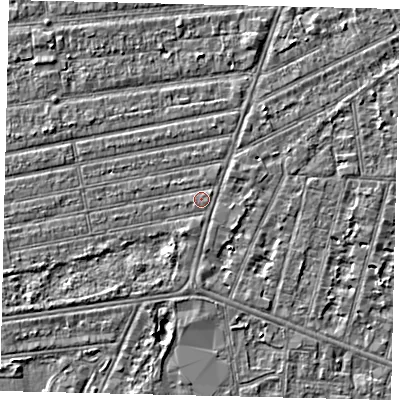 Shaded relief map of the ground around HU53QY, computed from Environment Agency LiDAR. The ground here sits at about 2 m above sea level and falls 3 m across the surrounding 800 m. The ground contributing surface water to this point lies to the east-north-east.