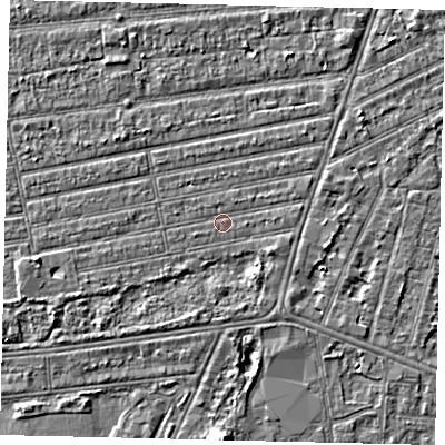 Shaded relief map of the ground around HU53RA, computed from Environment Agency LiDAR. The ground here sits at about 2 m above sea level and falls 5 m across the surrounding 800 m. Surface water reaching this point runs off ground lying to the south-south-east, 1.8 m higher.
