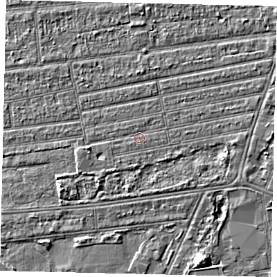 Shaded relief map of the ground around HU53RB, computed from Environment Agency LiDAR. The ground here sits at about 2 m above sea level and falls 5 m across the surrounding 800 m. Surface water reaching this point runs off ground lying to the east-south-east, 1.8 m higher.