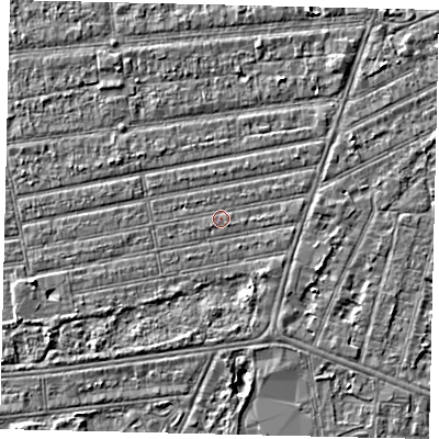 Shaded relief map of the ground around HU53RH, computed from Environment Agency LiDAR. The ground here sits at about 2 m above sea level and falls 3 m across the surrounding 800 m. Surface water reaching this point runs off ground lying to the east, 0.6 m higher.