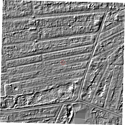 Shaded relief map of the ground around HU53RL, computed from Environment Agency LiDAR. The ground here sits at about 2 m above sea level and falls 3 m across the surrounding 800 m. Surface water reaching this point runs off ground lying to the east, 0.6 m higher.