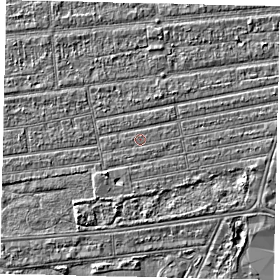 Shaded relief map of the ground around HU53RN, computed from Environment Agency LiDAR. The ground here sits at about 2 m above sea level and falls 4 m across the surrounding 800 m. The ground contributing surface water to this point lies to the south-south-east.
