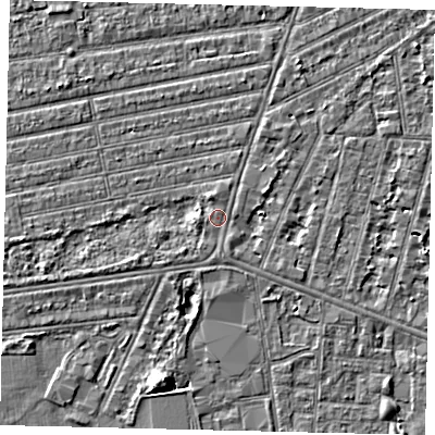 Shaded relief map of the ground around HU53RX, computed from Environment Agency LiDAR. The ground here sits at about 2 m above sea level and falls 5 m across the surrounding 800 m. Surface water reaching this point runs off ground lying to the west-south-west, 0.9 m higher.