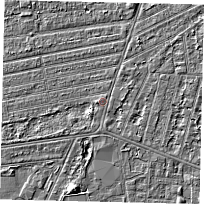 Shaded relief map of the ground around HU53RZ, computed from Environment Agency LiDAR. The ground here sits at about 3 m above sea level and falls 5 m across the surrounding 800 m. Surface water reaching this point runs off ground lying to the south-west, 0.9 m higher.