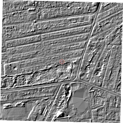 Shaded relief map of the ground around HU53SA, computed from Environment Agency LiDAR. The ground here sits at about 2 m above sea level and falls 5 m across the surrounding 800 m. Surface water reaching this point runs off ground lying to the south-east, 1.8 m higher.