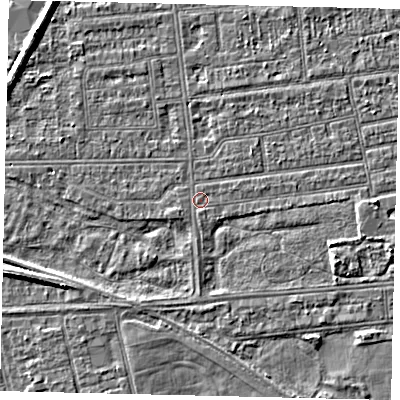 Shaded relief map of the ground around HU53SR, computed from Environment Agency LiDAR. The ground here sits at about 2 m above sea level and falls 4 m across the surrounding 800 m. Surface water reaching this point runs off ground lying to the east-south-east, 2.5 m higher.