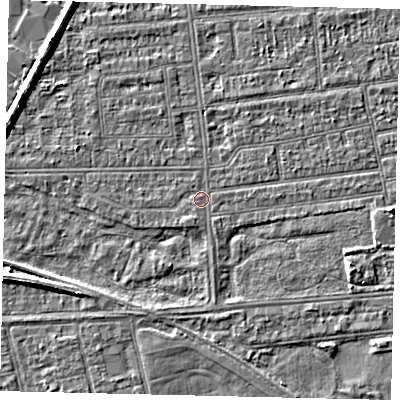 Shaded relief map of the ground around HU53SS, computed from Environment Agency LiDAR. The ground here sits at about 2 m above sea level and falls 5 m across the surrounding 800 m. Surface water reaching this point runs off ground lying to the south-south-west, 1.0 m higher.