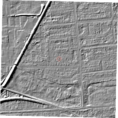 Shaded relief map of the ground around HU53SZ, computed from Environment Agency LiDAR. The ground here sits at about 2 m above sea level and falls 7 m across the surrounding 800 m. The ground contributing surface water to this point lies to the west.