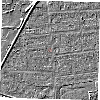 Shaded relief map of the ground around HU53TG, computed from Environment Agency LiDAR. The ground here sits at about 2 m above sea level and falls 5 m across the surrounding 800 m. Surface water reaching this point runs off ground lying to the south, 1.6 m higher.