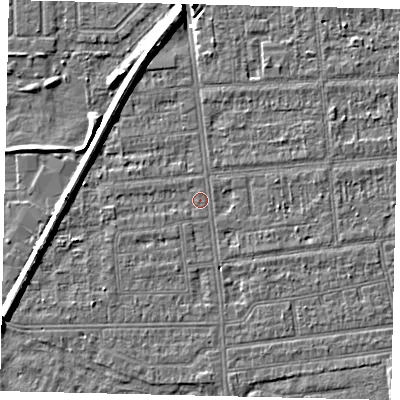 Shaded relief map of the ground around HU53TJ, computed from Environment Agency LiDAR. The ground here sits at about 2 m above sea level and falls 7 m across the surrounding 800 m. Surface water reaching this point runs off ground lying to the south, 1.6 m higher.