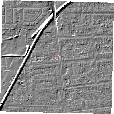 Shaded relief map of the ground around HU53TL, computed from Environment Agency LiDAR. The ground here sits at about 2 m above sea level and falls 8 m across the surrounding 800 m. Surface water reaching this point runs off ground lying to the east-south-east, 1.4 m higher.