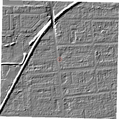 Shaded relief map of the ground around HU53TR, computed from Environment Agency LiDAR. The ground here sits at about 2 m above sea level and falls 8 m across the surrounding 800 m. Surface water reaching this point runs off ground lying to the east-south-east, 1.4 m higher.
