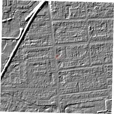 Shaded relief map of the ground around HU53TS, computed from Environment Agency LiDAR. The ground here sits at about 2 m above sea level and falls 6 m across the surrounding 800 m. Surface water reaching this point runs off ground lying to the south, 1.6 m higher.