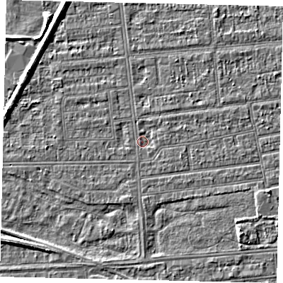 Shaded relief map of the ground around HU53TT, computed from Environment Agency LiDAR. The ground here sits at about 2 m above sea level and falls 5 m across the surrounding 800 m. Surface water reaching this point runs off ground lying to the south-east, 2.5 m higher.