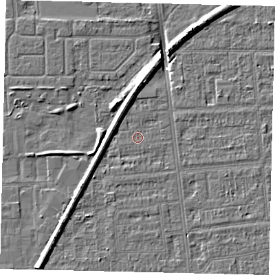 Shaded relief map of the ground around HU53TW, computed from Environment Agency LiDAR. The ground here sits at about 2 m above sea level and falls 8 m across the surrounding 800 m. Surface water reaching this point runs off ground lying to the north, 4.2 m higher.