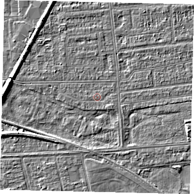 Shaded relief map of the ground around HU53TX, computed from Environment Agency LiDAR. The ground here sits at about 2 m above sea level and falls 6 m across the surrounding 800 m. Surface water reaching this point runs off ground lying to the south-east, 0.6 m higher.