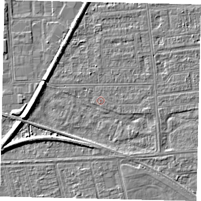 Shaded relief map of the ground around HU53TY, computed from Environment Agency LiDAR. The ground here sits at about 2 m above sea level and falls 7 m across the surrounding 800 m. Surface water reaching this point runs off ground lying to the south-south-west, 2.3 m higher.