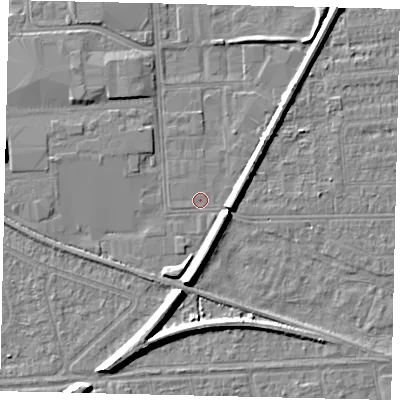 Shaded relief map of the ground around HU53UA, computed from Environment Agency LiDAR. The ground here sits at about 2 m above sea level and falls 7 m across the surrounding 800 m. Surface water reaching this point runs off ground lying to the south-east, 5.2 m higher.