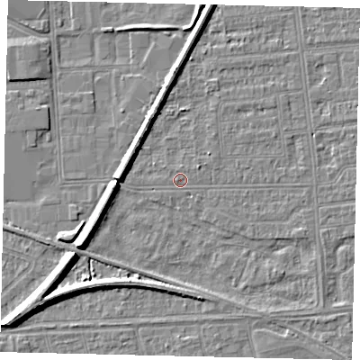 Shaded relief map of the ground around HU53UB, computed from Environment Agency LiDAR. The ground here sits at about 2 m above sea level and falls 7 m across the surrounding 800 m. Surface water reaching this point runs off ground lying to the west-south-west, 6.5 m higher.