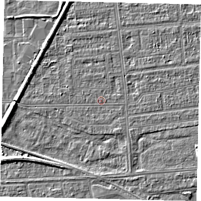 Shaded relief map of the ground around HU53UD, computed from Environment Agency LiDAR. The ground here sits at about 2 m above sea level and falls 6 m across the surrounding 800 m. Surface water reaching this point runs off ground lying to the west-south-west, 6.1 m higher.