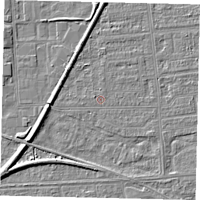 Shaded relief map of the ground around HU53UF, computed from Environment Agency LiDAR. The ground here sits at about 2 m above sea level and falls 7 m across the surrounding 800 m. Surface water reaching this point runs off ground lying to the west-north-west, 0.9 m higher.