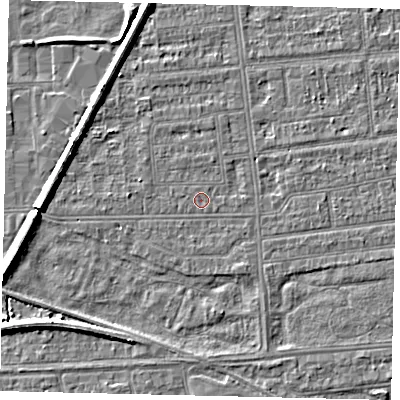 Shaded relief map of the ground around HU53UH, computed from Environment Agency LiDAR. The ground here sits at about 2 m above sea level and falls 7 m across the surrounding 800 m. The ground contributing surface water to this point lies to the west-north-west.