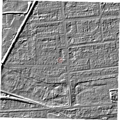 Shaded relief map of the ground around HU53UL, computed from Environment Agency LiDAR. The ground here sits at about 2 m above sea level and falls 5 m across the surrounding 800 m. Surface water reaching this point runs off ground lying to the south-east, 2.5 m higher.