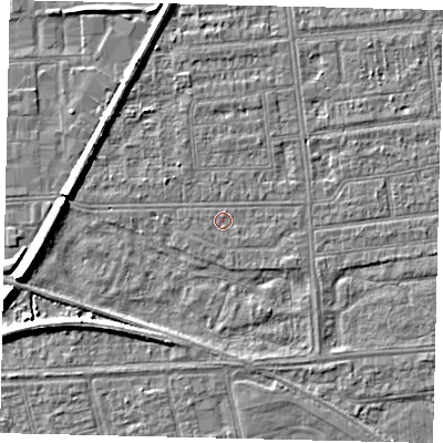 Shaded relief map of the ground around HU53UP, computed from Environment Agency LiDAR. The ground here sits at about 2 m above sea level and falls 7 m across the surrounding 800 m. The ground contributing surface water to this point lies to the south-east.