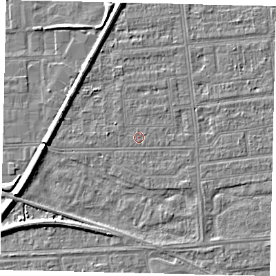 Shaded relief map of the ground around HU53UQ, computed from Environment Agency LiDAR. The ground here sits at about 2 m above sea level and falls 7 m across the surrounding 800 m. The ground contributing surface water to this point lies to the west.