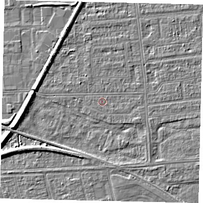 Shaded relief map of the ground around HU53UW, computed from Environment Agency LiDAR. The ground here sits at about 2 m above sea level and falls 7 m across the surrounding 800 m. The ground contributing surface water to this point lies to the south-east.