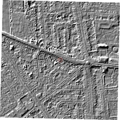 Shaded relief map of the ground around HU54AA, computed from Environment Agency LiDAR. The ground here sits at about 2 m above sea level and falls 3 m across the surrounding 800 m. Surface water reaching this point runs off ground lying to the south-west, 1.5 m higher.