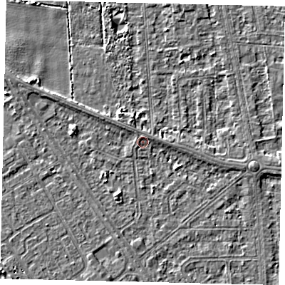Shaded relief map of the ground around HU54AB, computed from Environment Agency LiDAR. The ground here sits at about 2 m above sea level and falls 3 m across the surrounding 800 m. Surface water reaching this point runs off ground lying to the east-north-east, 1.1 m higher.