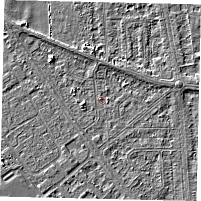 Shaded relief map of the ground around HU54AD, computed from Environment Agency LiDAR. The ground here sits at about 2 m above sea level and falls 3 m across the surrounding 800 m. Surface water reaching this point runs off ground lying to the north-north-east, 1.8 m higher.