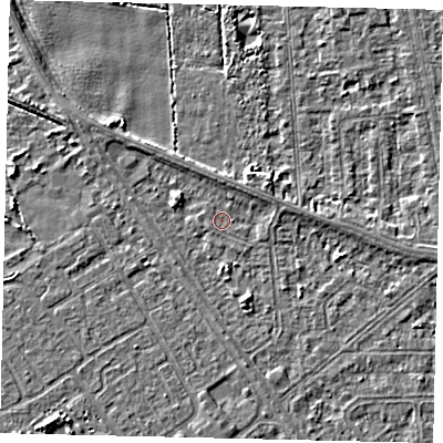Shaded relief map of the ground around HU54AG, computed from Environment Agency LiDAR. The ground here sits at about 2 m above sea level and falls 3 m across the surrounding 800 m. Surface water reaching this point runs off ground lying to the west-south-west, 0.8 m higher.