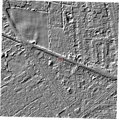 Shaded relief map of the ground around HU54AH, computed from Environment Agency LiDAR. The ground here sits at about 2 m above sea level and falls 3 m across the surrounding 800 m. Surface water reaching this point runs off ground lying to the north-north-west, 1.1 m higher.