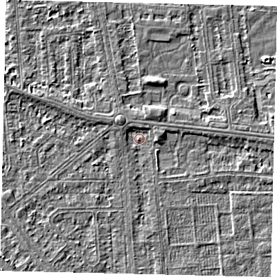 Shaded relief map of the ground around HU54AS, computed from Environment Agency LiDAR. The ground here sits at about 2 m above sea level and falls 3 m across the surrounding 800 m. Surface water reaching this point runs off ground lying to the north, 1.6 m higher.