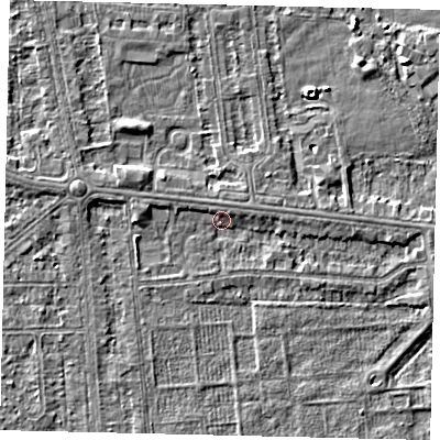 Shaded relief map of the ground around HU54AT, computed from Environment Agency LiDAR. The ground here sits at about 2 m above sea level and falls 4 m across the surrounding 800 m. Surface water reaching this point runs off ground lying to the west, 1.7 m higher.