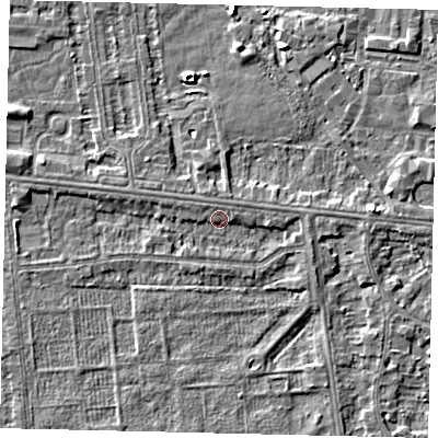 Shaded relief map of the ground around HU54AU, computed from Environment Agency LiDAR. The ground here sits at about 2 m above sea level and falls 4 m across the surrounding 800 m. Surface water reaching this point runs off ground lying to the east-north-east, 1.4 m higher.