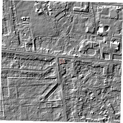Shaded relief map of the ground around HU54AX, computed from Environment Agency LiDAR. The ground here sits at about 3 m above sea level and falls 6 m across the surrounding 800 m. Surface water reaching this point runs off ground lying to the south-west, 1.7 m higher.