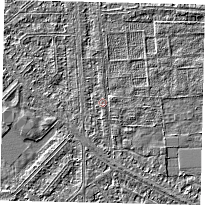 Shaded relief map of the ground around HU54BJ, computed from Environment Agency LiDAR. The ground here sits at about 2 m above sea level and falls 2 m across the surrounding 800 m. Surface water reaching this point runs off ground lying to the east-north-east, 0.8 m higher.
