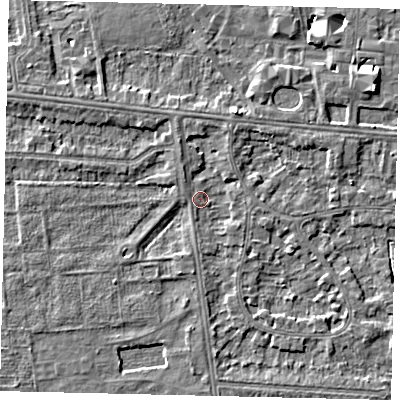 Shaded relief map of the ground around HU54BL, computed from Environment Agency LiDAR. The ground here sits at about 2 m above sea level and falls 6 m across the surrounding 800 m. Surface water reaching this point runs off ground lying to the south, 1.2 m higher.