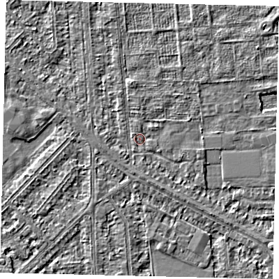 Shaded relief map of the ground around HU54BN, computed from Environment Agency LiDAR. The ground here sits at about 2 m above sea level and falls 2 m across the surrounding 800 m. Surface water reaching this point runs off ground lying to the south-south-east, 1.0 m higher.